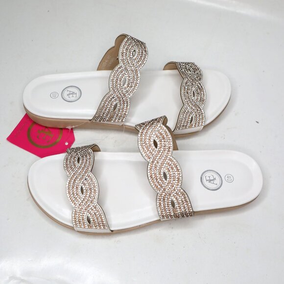AE Rhinestone Glitter Slide Sandals Duo Band White Gold Silver Bling Festival - Picture 8 of 9